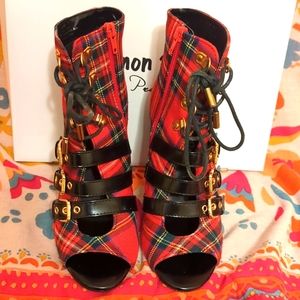 Plaid open toe heels